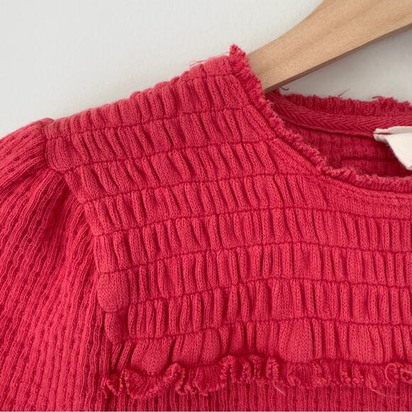 Free People We the Free Smocked Neck Short Sleeve Top Textured Knit Raw Hem EUC - Picture 4 of 12